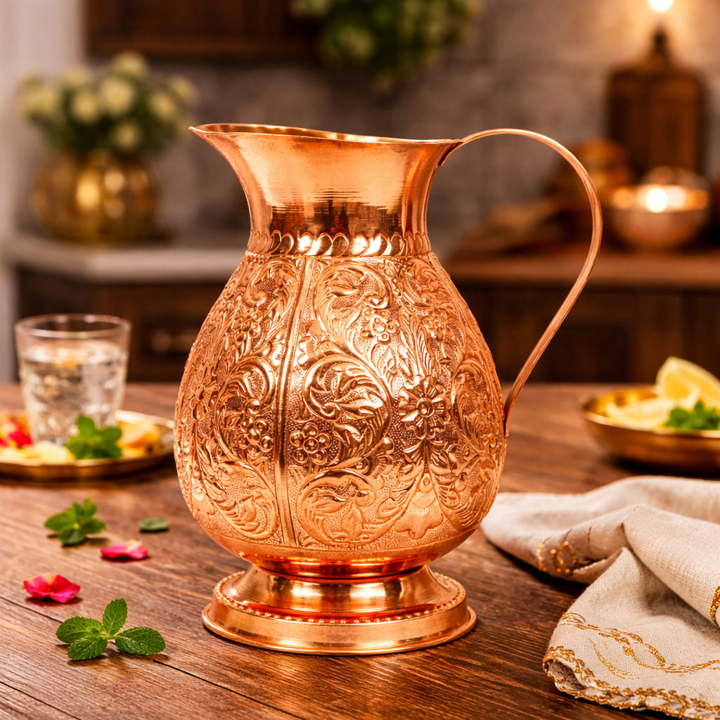 Pure copper jug with embossed leaf design –, 1500 ML